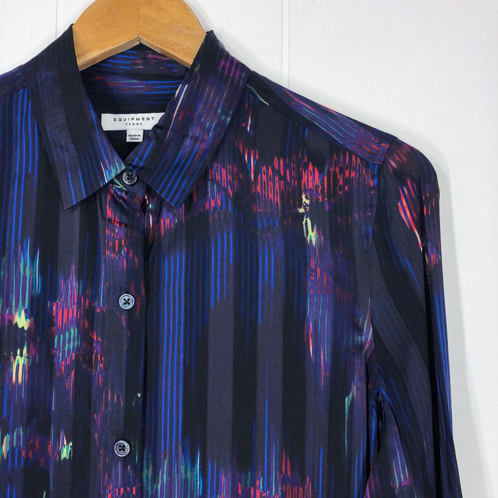 Equipment Sheer Silk Blend Button Front Blouse Abstract Stripe Size Small Blue - Picture 5 of 15
